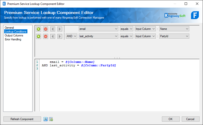 SSIS Premium Service Lookup component - Rest - Lookup Conditions